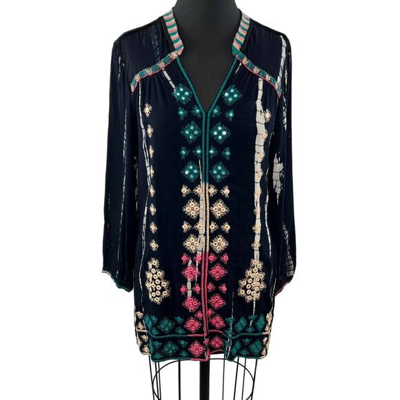 SOFT SURROUNDINGS Women's Black Split Neck Long Sleeve Embroidered Tunic Size M - Picture 1 of 8